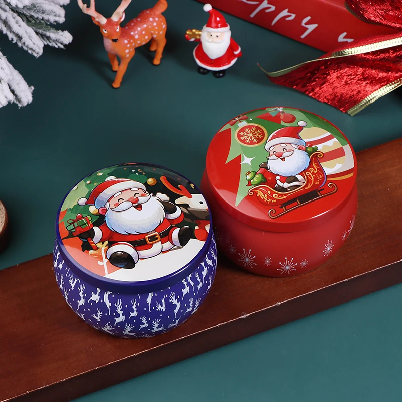 1PC Christmas Round Tinplate Candy Tin Can with Lid Empty Candle Jar Cookie Storage Container Festive Home Party Gift Case