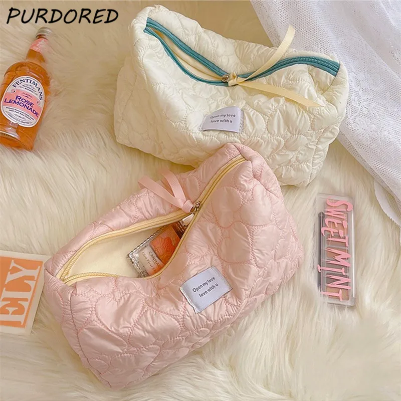 PURDORED 1 Pc Solid Color Soft Makeup Bag for Women Zipper Large Female