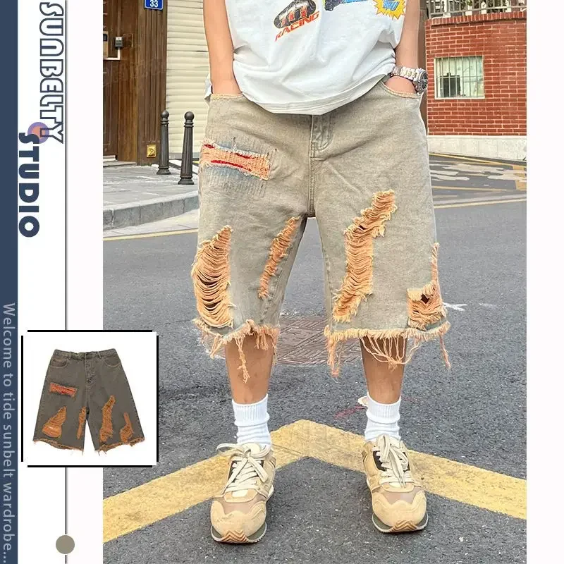 Denim Shorts Casual Shorts Street Washed Distressed Raw Hem Ripped Denim Retro Men Clothing Summer Loose Straight Knee Length Solid Pants denim shorts summer jeans shorts