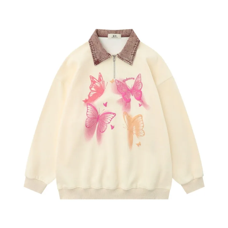 

Y2k Hoodies Men's And Women's Autumn New Vintage Butterfly Print Denim Contrast Polo Collar Sweatshirt Loose Casual Couple Coat