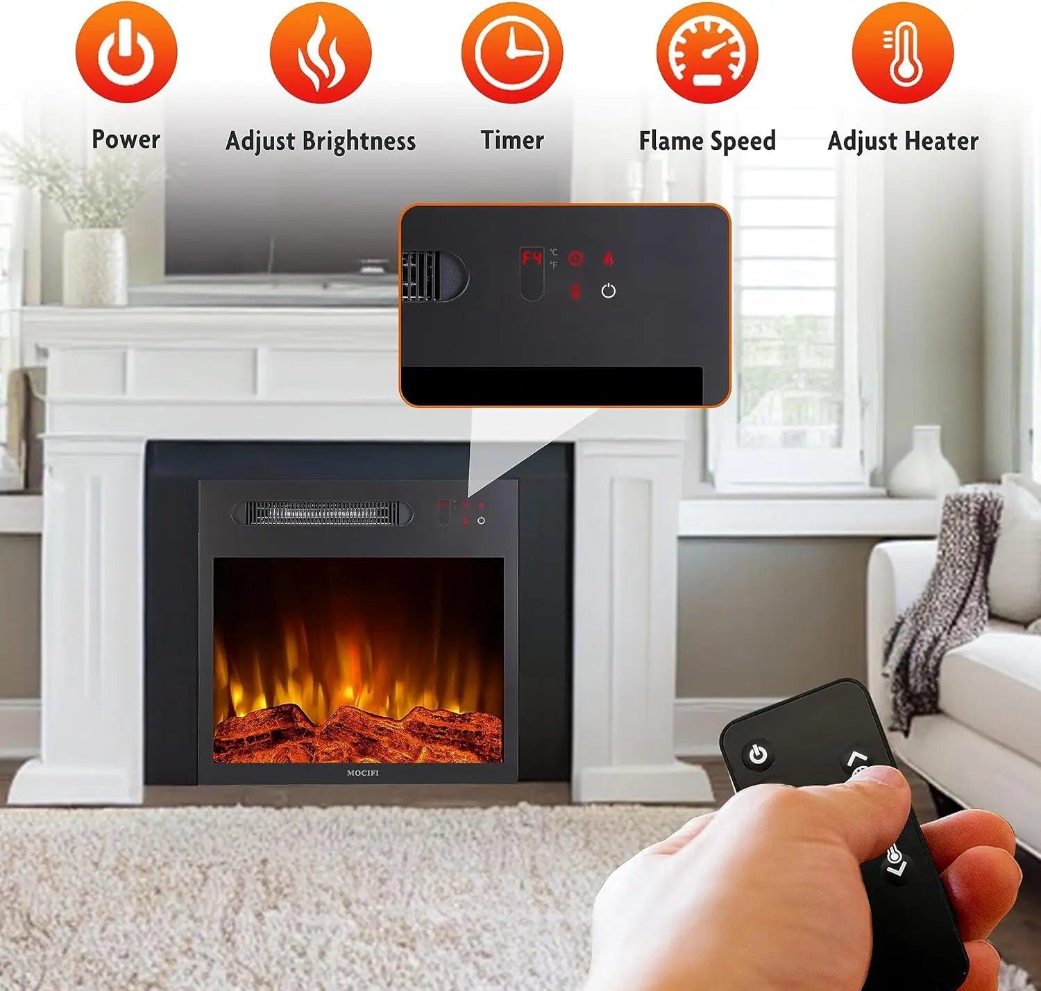 18 inch Built-in Electric Fireplace Insert Heater, Recessed Freestanding Fireplace, Remote Control, Touch Screen, Adjustable