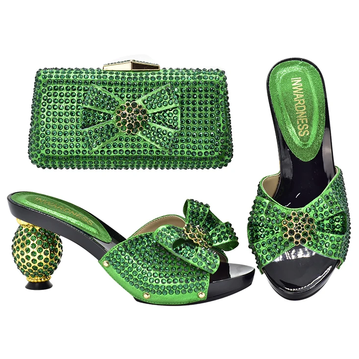 

Nigerian green fashion women's shoes and bags Flower design with sparkling diamond plus-size 42 43 women's party shoes and bags