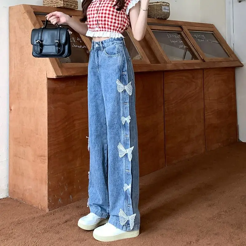 Jeans Bow High Waist Large Size Women Baggy Jeans Wide Leg Trousers Teens Korean Fashion Casual Pants Streetwear Sweet Jeans