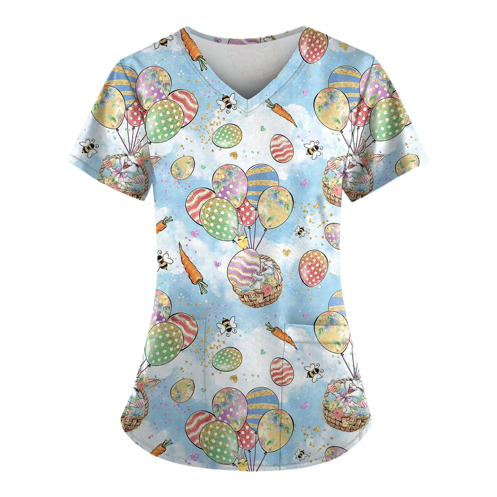 

Women Working Uniform Easter Bunny Egg Print Short Sleeve V-Neck Tops Femme Pocket Blouse Nurse Work Wear Medical Uniforms