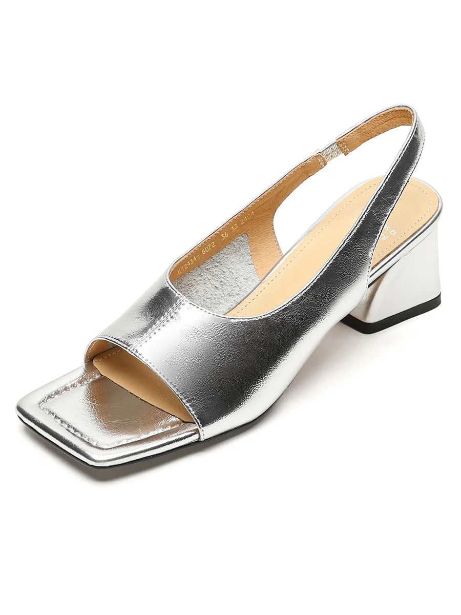 

Women Sandals New 2024 Split Leather JINTRENDY High Heel Lady Sandals Slip on Elastic Band Square Toe Korean Style Shoes