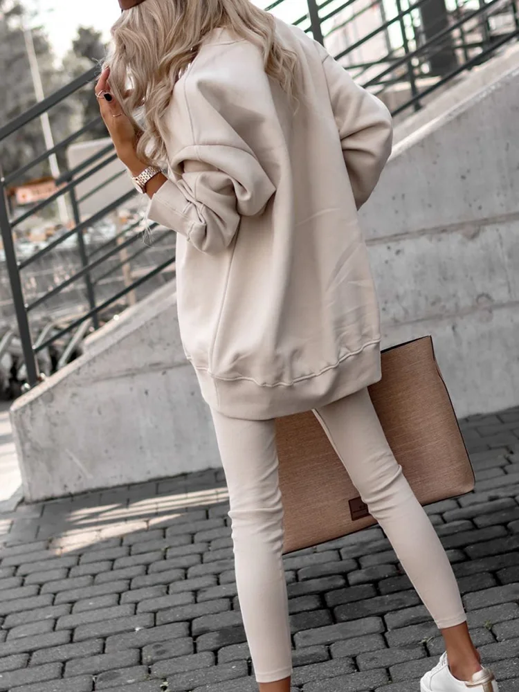 New Women Hoodies Long Sleeve Pullover Top Pencil Pants 2PCS Set Autumn Winter O-Neck Solid Ladies Outfit Sportswear Streetwear