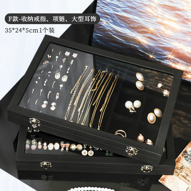 Boîte à bijoux noire avec couvercle, pour collier, bague, boucle d'oreille, Bracelet, affichage de rangement, cuir anti-poussière, Style décontracté, Surface dure