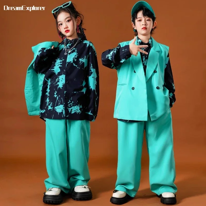 

Hip Hop Girls Solid Vest Ink Wash Shirt Suit Pants Boys Boys Streetwear Child Cool Street Dance Clothes Sets Kids Jazz Costumes