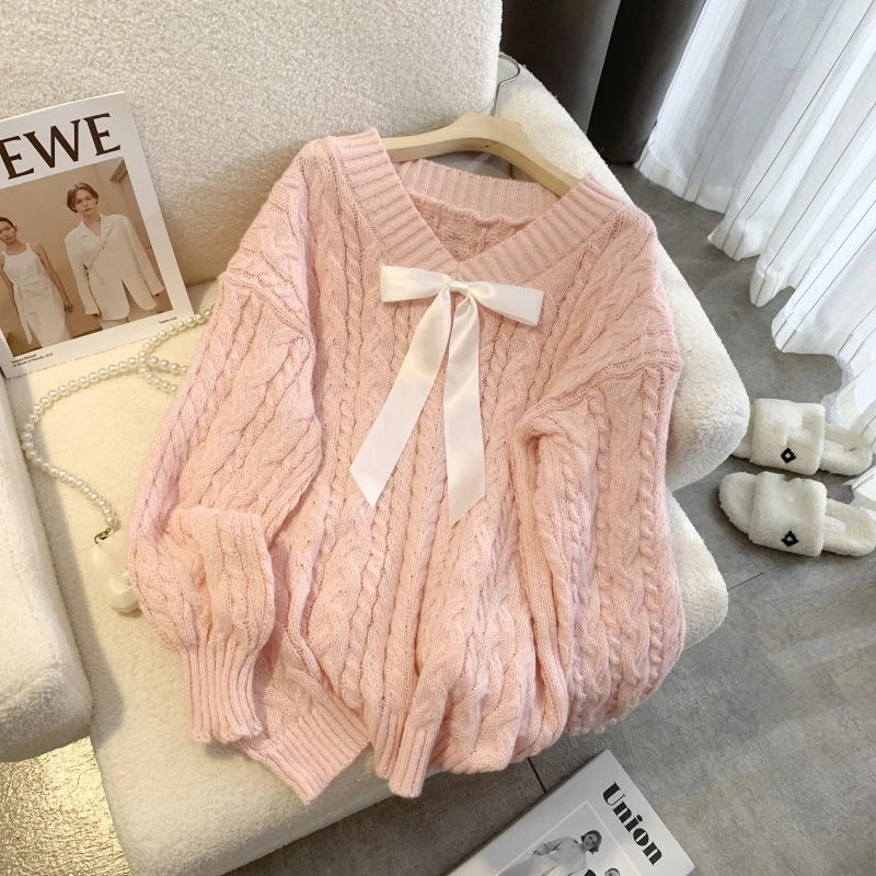 

Модный мягкий свободный розовый свитер с V-образным вырезом, Женская осенне-зимняя трикотажная модель, Теплые Топы с длинным рукавом, женская одежда