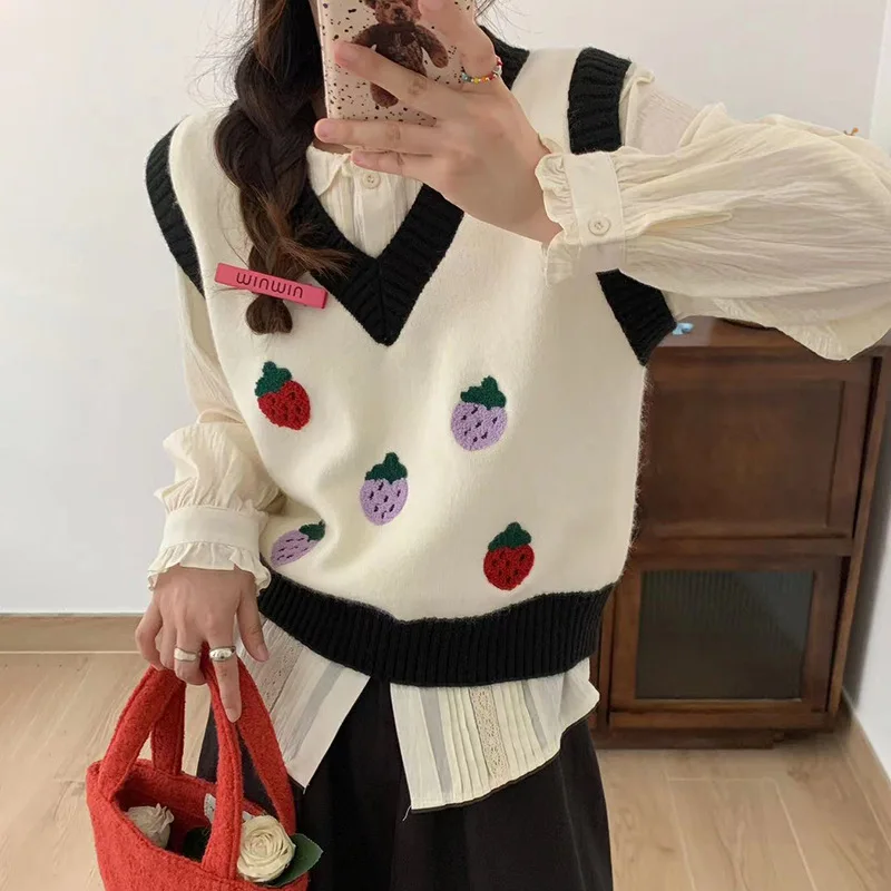 

Korean College Style Knitted Sweater Vest Women V-neck Cute Vintage Embroidered Strawberry Beige Short Sleeveless Sweater Tops