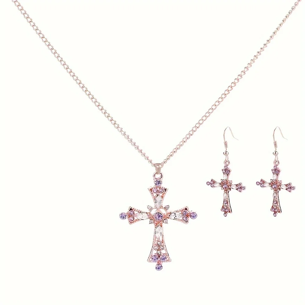 1 pair of earrings+1 pendant necklace set, wedding and engagement friend gift, sparkling cross design rhinestone jewelry set - 6