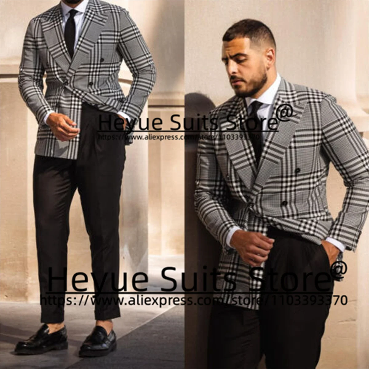 Luxuly Houndstooth Classic Men Suits Slim Fit Double-breasted Groom Formal Tuxedos 2 Pcs Sets Business Male Blazer Costume Homme