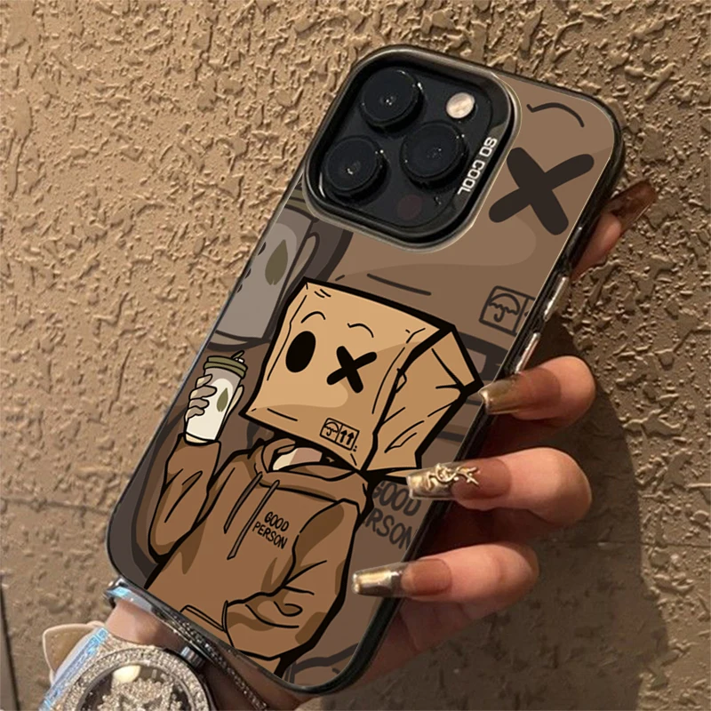 Cartoon Box Man Pattern Plating Phone Case for iPhone 15 14 13 12 11 Pro Max XS X XR 7 8 Plus SE2 14Plus Shockproof Matte Cover