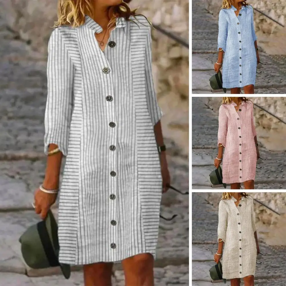 

Vintage Cotton Linen Shirt Dresses for Women Summer Half Sleeve Loose Lapel Dress Ladies Casual Holiday Knee Length Dress Robe