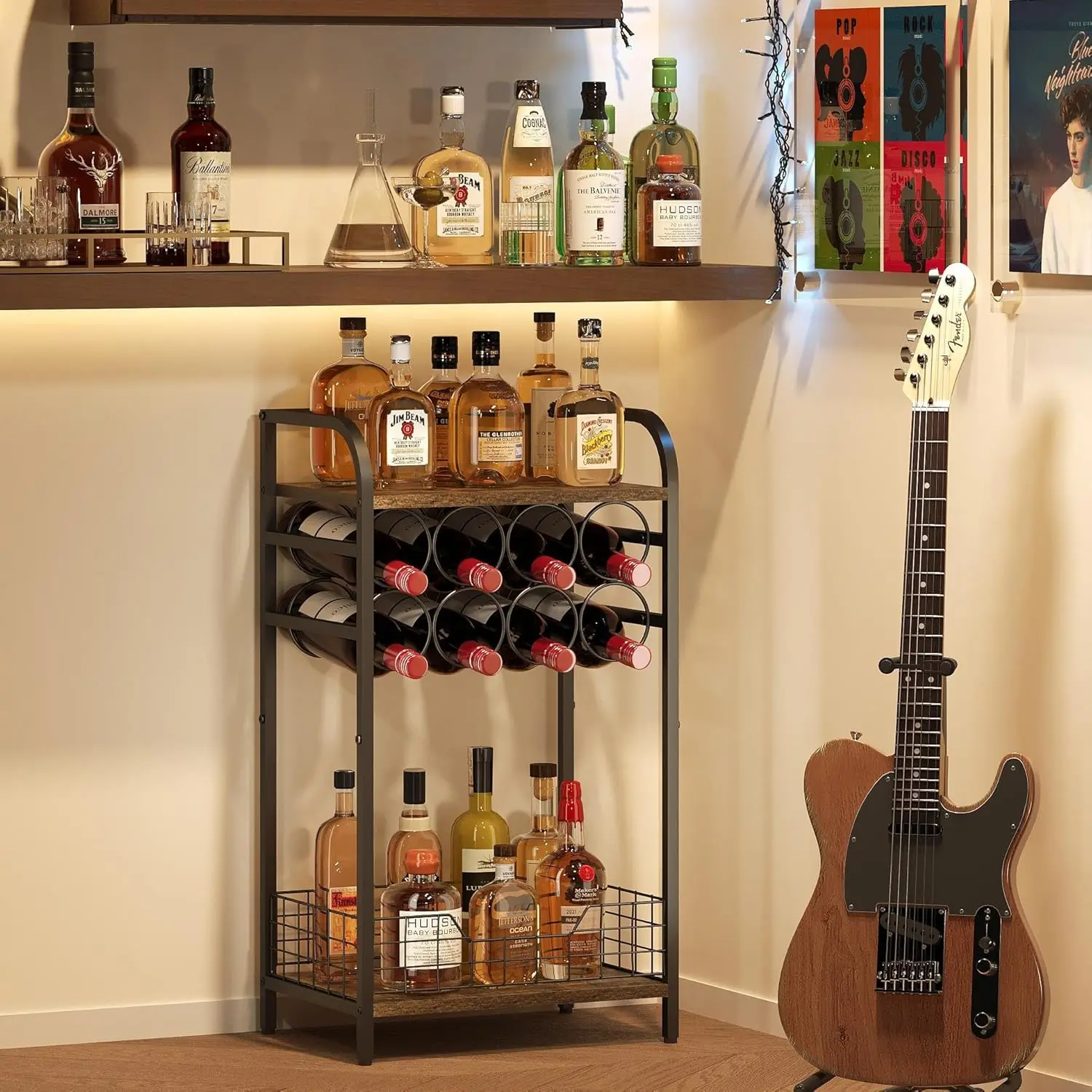 3-Tier Wine Bar Table with 8-Bottle Rack, Mini Cabinet for Whiskey Display and Home Storage