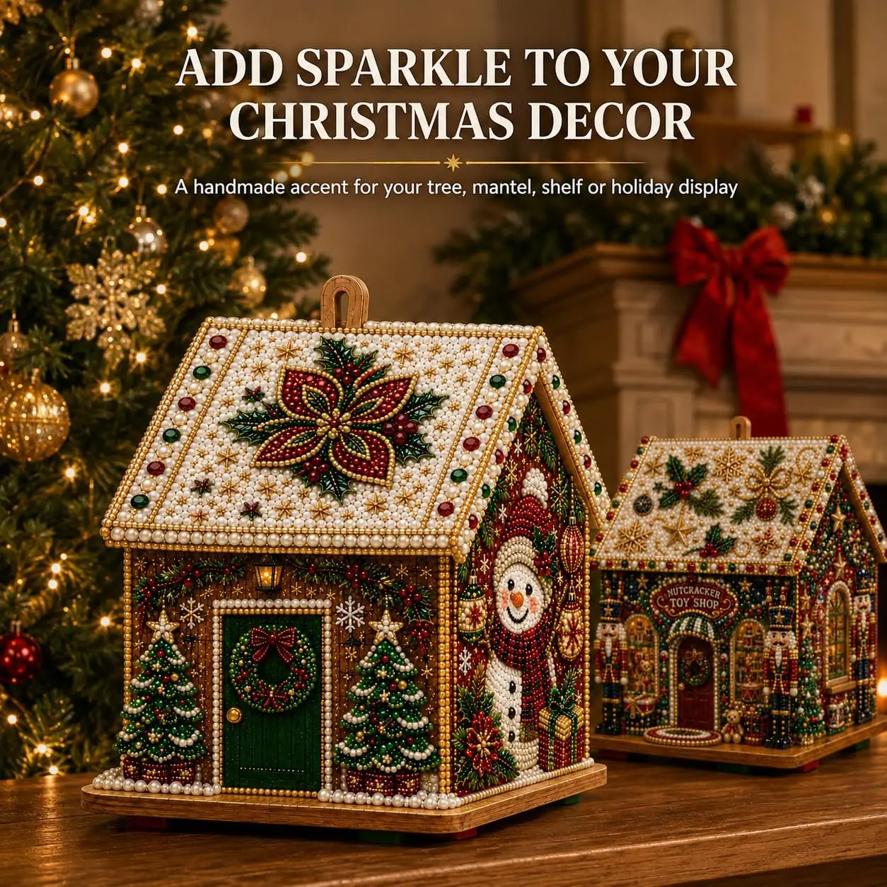 DIY Pearl Art Christmas House Diamond Painting Kit Gingerbread House Shape Xmas Hanging Ornament Set for Home Holiday Decor Gift