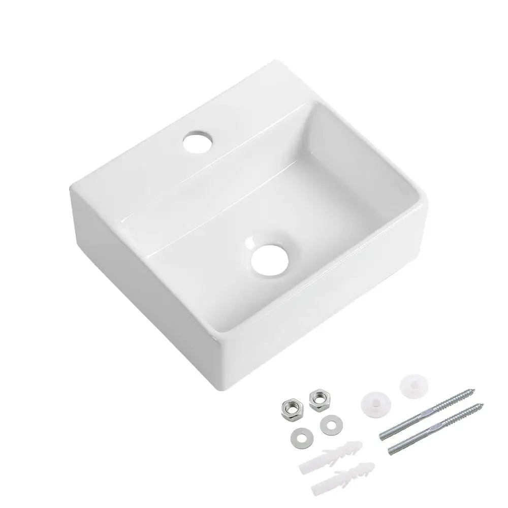 Wall Mount Small Ceramic Vessel Sink Rectangular White Mini Floating Bathroom Basin 13"x11" Tiny Countertop Sink Long-lasting 3