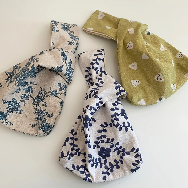 

Linen Japanese Style Wrist Bag Sleeve Knot Pouch Portable Dog Purse Canvas Tote Women's Bag Walking Handbag Key Phone Pouch
