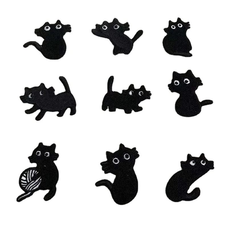 9PCS Cartoon Eisen auf Patches Set schwarze Katze Stickerei Applikation Abzeichen Patch, lustige Katze Wärmeübertragung Aufkleber für T-Shirt, Kleidung