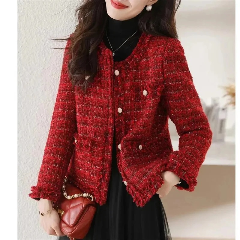 

New Long Sleeve Women Coats Autumn Winter Short O-Neck Vintage Tweed Jackets Femlae Korean Elegant Lady Blazer Jacket Outerwear