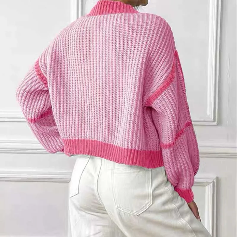 Autumn and Winter Fashion Women's Lantern Sleeve Contrasting Sweater 2025 New Cardigan Short Casual Sweater Jacket Knitwear