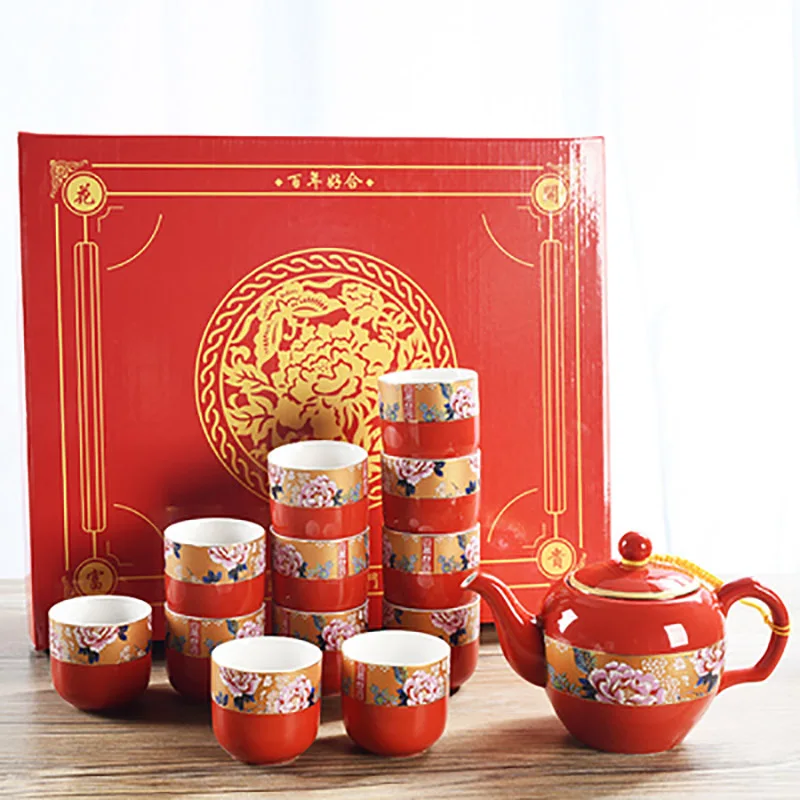 Household Chinese Traditional Red Tea Pot Set, Porcelain Kung Fu Teapot Cups, Wedding Souvenir Gifts for Bride and Groom