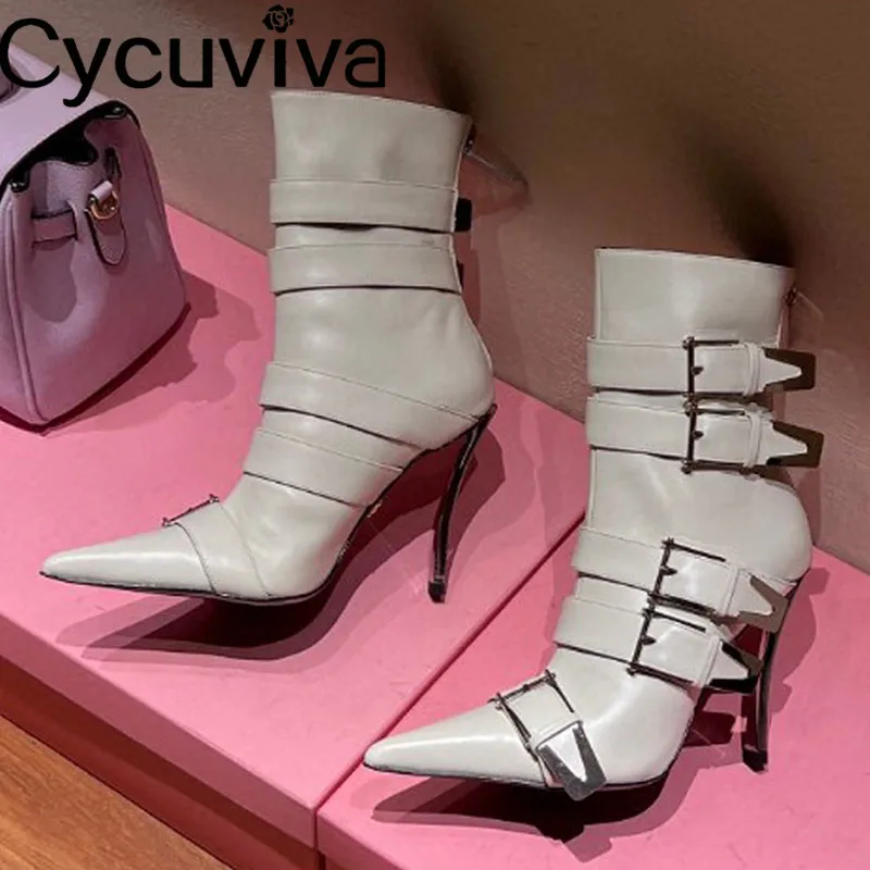 

Real Leather Designer Ankle Boots For Women Pointy Toe Metal buckle Short Chelsea Boots Autumn Sexy Runway Party Boots Women