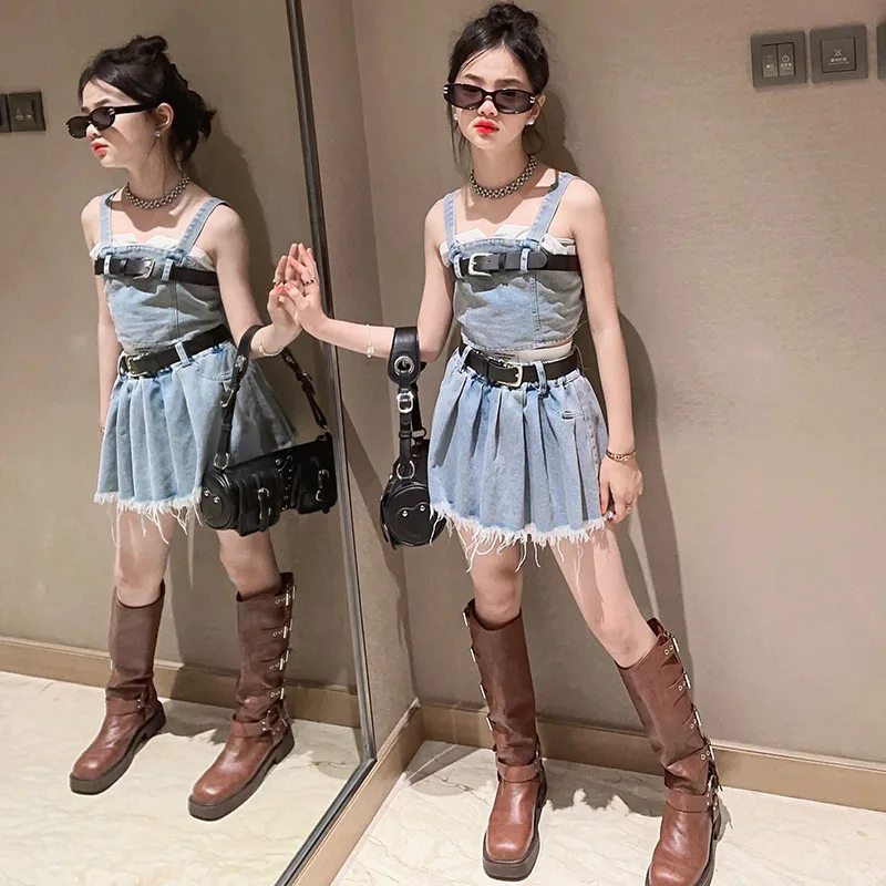 

2023 New Teen Big Girls Clothing Sets Denim 3PCS Pleated Skirts Belt for Teens Summer Outfit 7-18 Years Old
