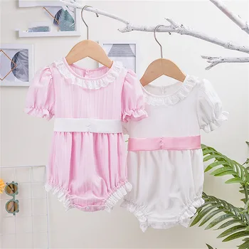 Summer Baby Clothing Lace Lace Round Neck Romper Solid Sleeve Waist Strap Fashionable Baby Baby Girl Spaghetti Strap Bodysuit 2