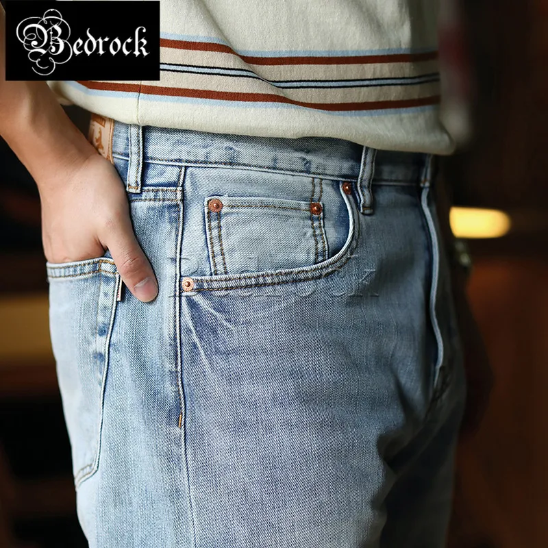 MBBCAR Summer New 12 oz Ice Light Blue Mens Jeans Stone Wash Selvedge Denim Jean Pants Vintage Slim Straight Leg Pants 7505
