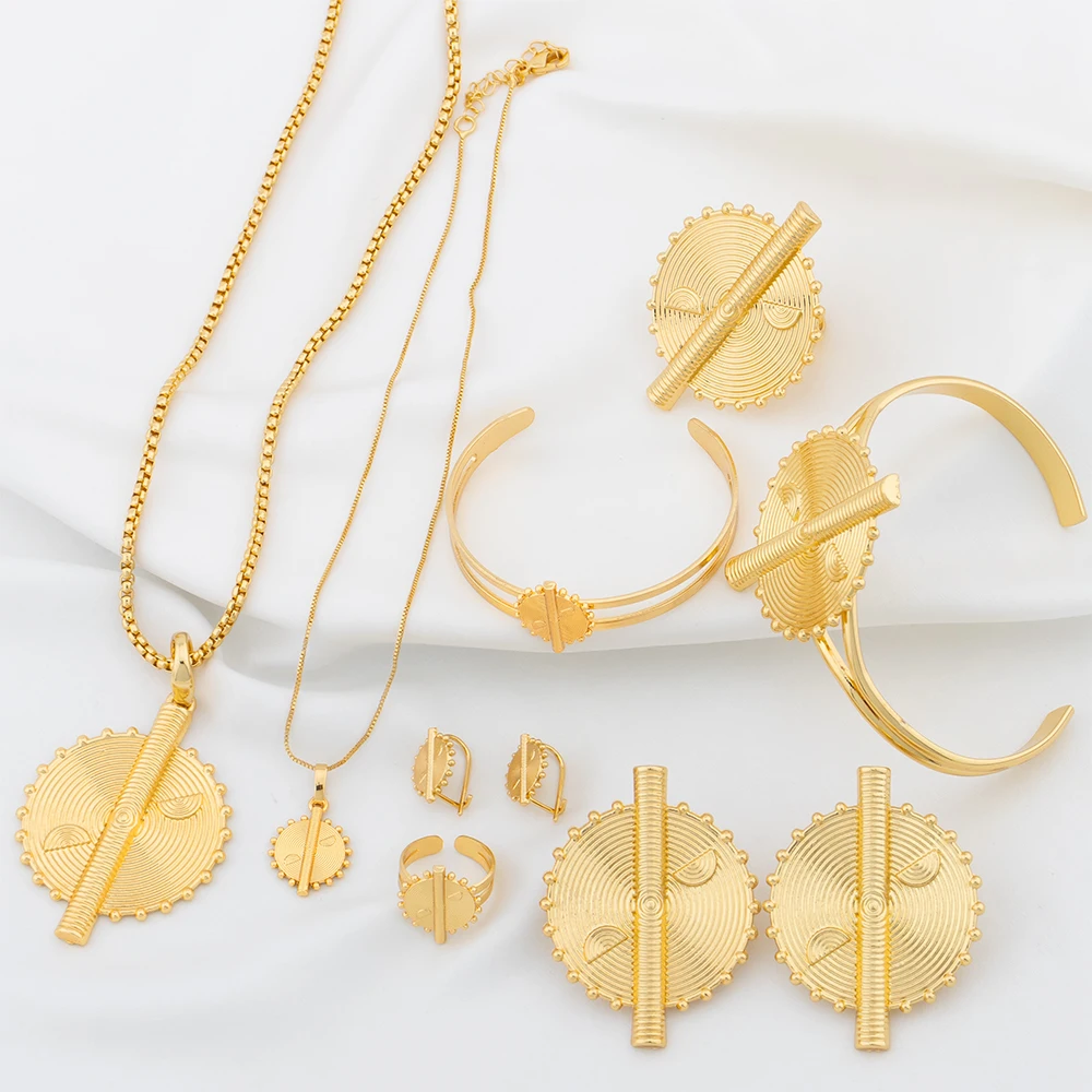 YM 2Sets Jewelry Set for Women Kid Dubai Gold Plated Luxury Copper Necklace Earrings Cuff Bangles Ring Bride Wedding Party Gifts