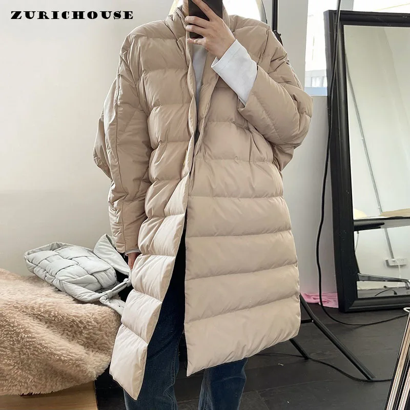 ZURICHOUSE Japanese Style Long White Duck Down Jacket Women Fashion Single Button Loose Warm Winter Puffer Jackets Female