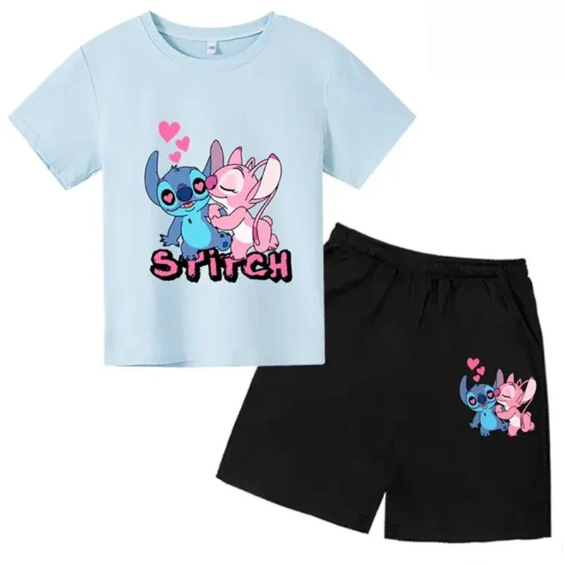 thumbnail image 1 of Nuevo conjunto de camiseta y pantalones cortos de verano con dibujos animados de Disney, bonito Stitch Angel para niños y niñas, ropa de algodón para niños, conjunto informal de 2 piezas para niños, 1 of 5