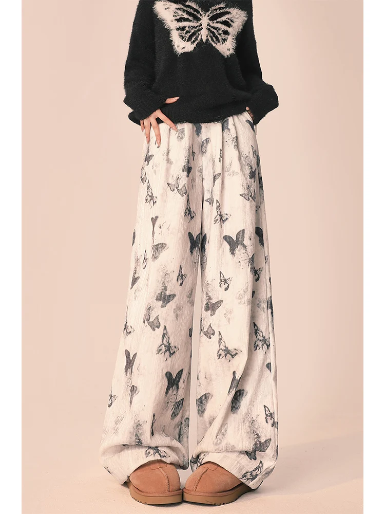 Long Pants Women's Autumn Winter Fleece-Lined Warm Butterfly Print National Casual Thickened Sweatpants Straight Loose Wide Leg