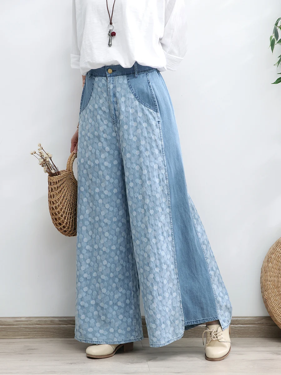 TIYIHAILEY Free Shipping Wide Leg Long Pants For Women Trousers Denim Jeans Elastic Waist Casual Pants With Pockets Print