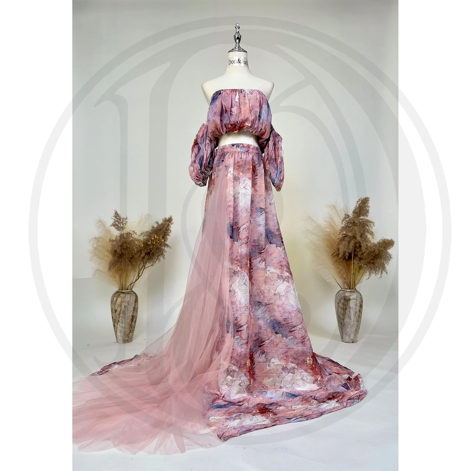 Don&Judy Maternity Dress Photography Off Shoulder Tie Dye Print Side With Tulle Party Wedding Gown Pregnant Women Photoshoot Set