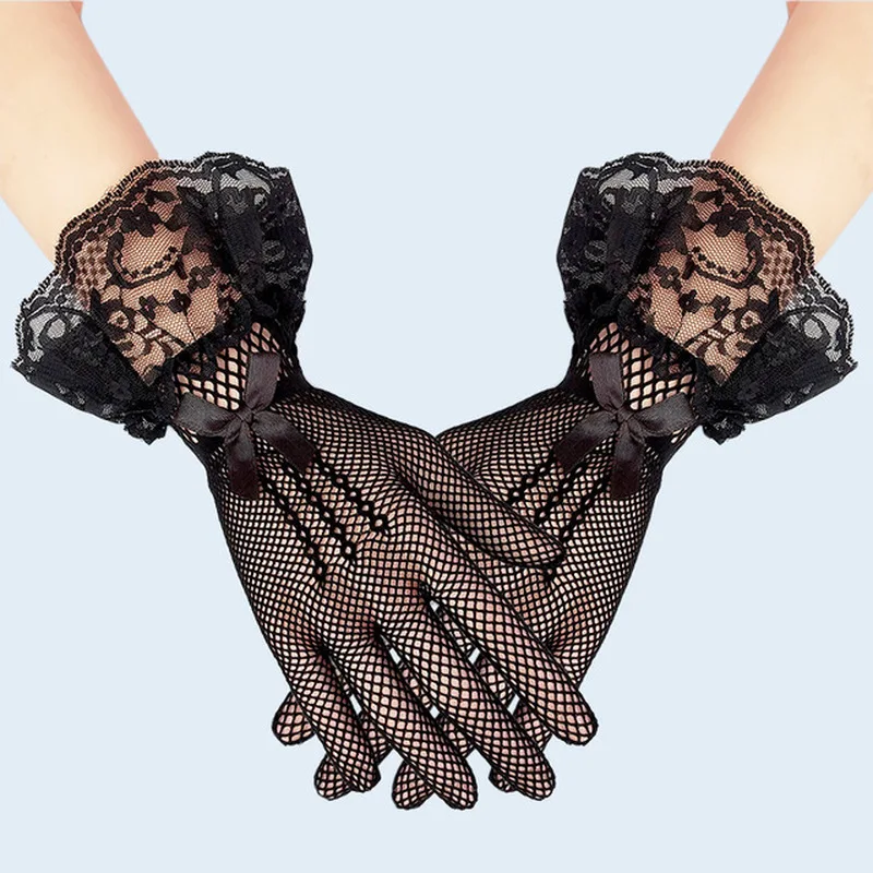 Knitted Gloves Full Finger Lace Silk Gauze Lace Sexy Hand Sleeves Black Gloves 1 pairs women long lace gloves ruffled lace arm sleeves sexy over finger fingerless glove lady mitten dress sexy accessories