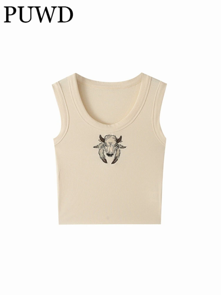 PUWD Women Framing U Neck Animal Printed Tank 2022 Summer Fashion Ladies Casual Sleeveless Vest Female Solid Color Top