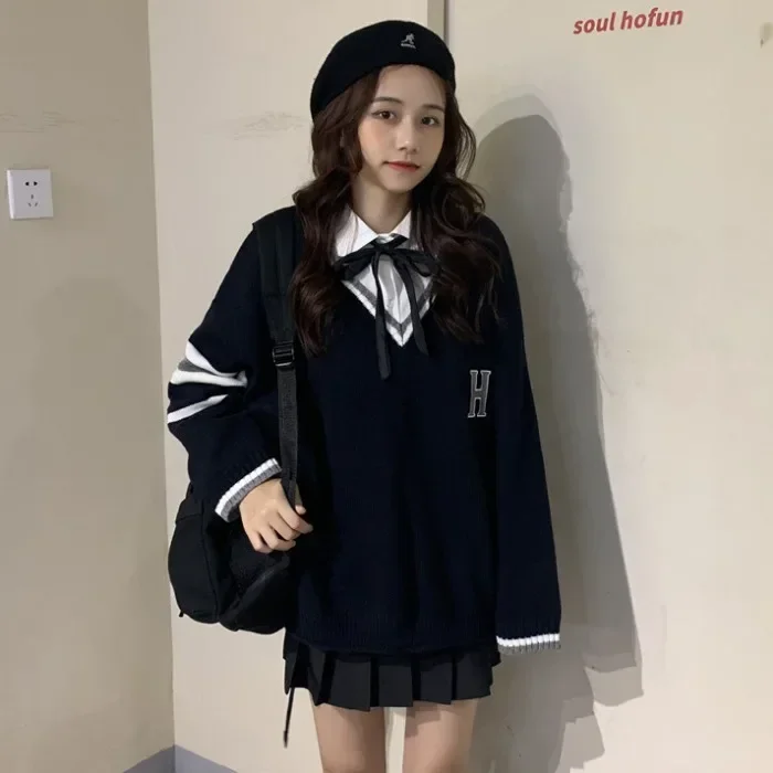 Japanese School Uniform Preppy Style Sweater Women Autumn New Korean Fashion Loose Simple V-neck Casual School Sweater
