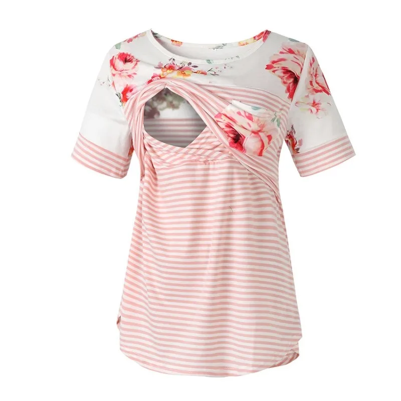 

New Maternity Tops Stripes Stitching Short Sleeve Tee Breastfeeding T-shirt Nursing Clothes Loose T Shirts For Pregnant Women