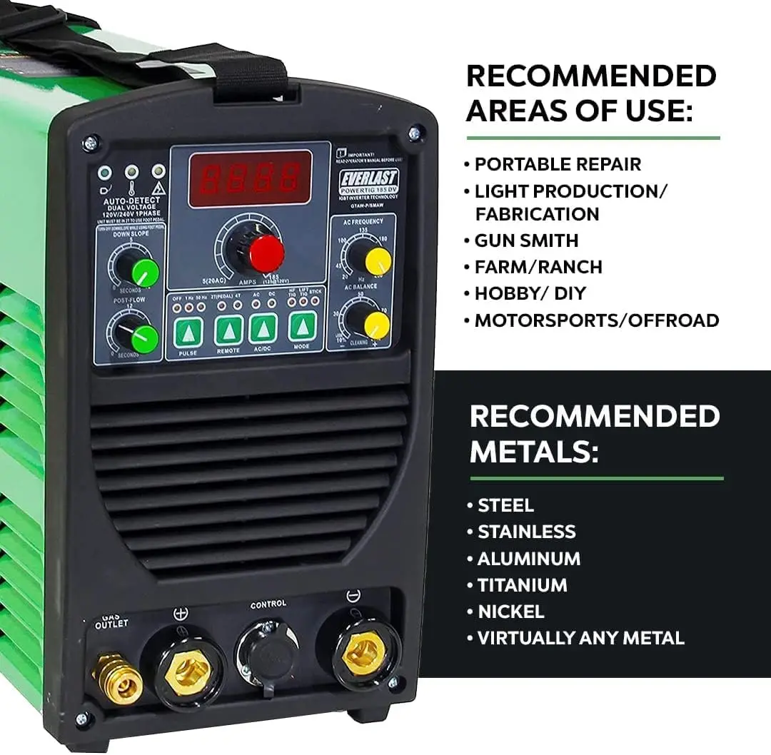 PowerTIG 185DV AC/DC TIG Stick Welder 110/220 Volt Inverter-Based Dual Voltage 185Amp with Pedal Package Green 4