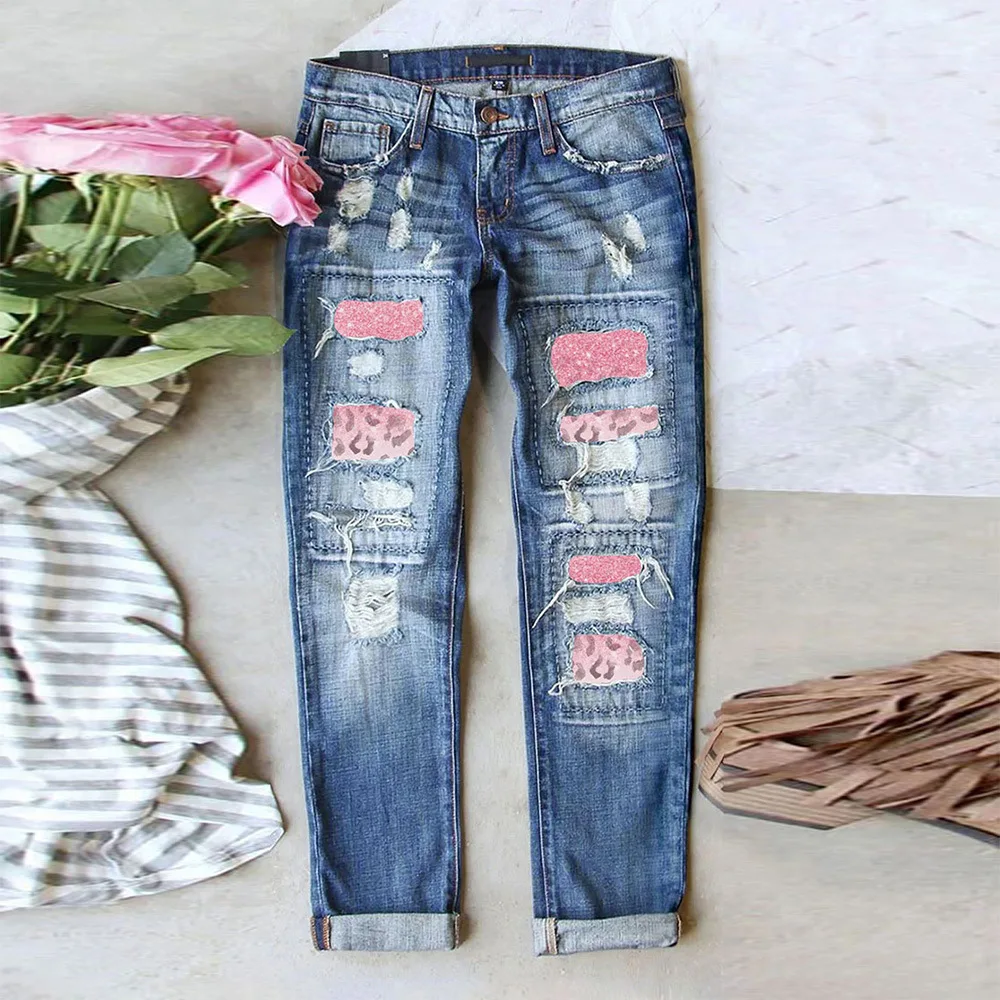 

2023 New Spring Boyfriend Harem Jeans for Women Fashion Ripped Hole Patch Denim Pants Casual Straight Leg Ankle Jean Femme