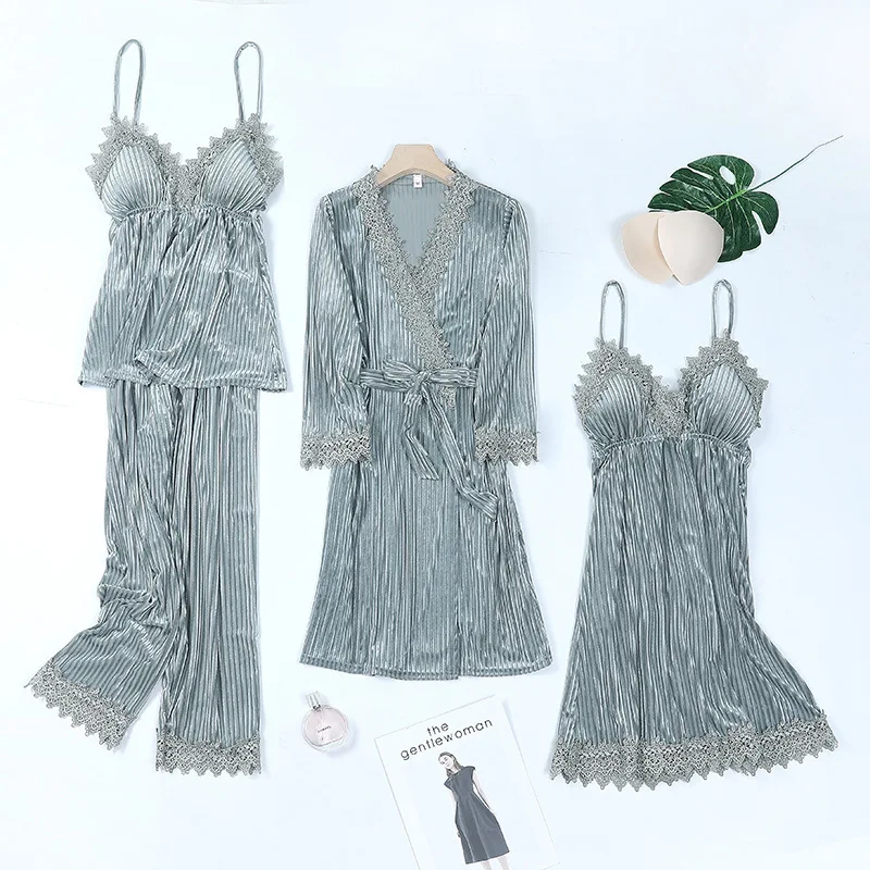 

Комплект пижамный велюровый из 4 предметов, кимоно, халат, пикантная ночная рубашка, отделка, пижамная одежда, серая Свободная Повседневная Домашняя одежда с нагрудными подушечками