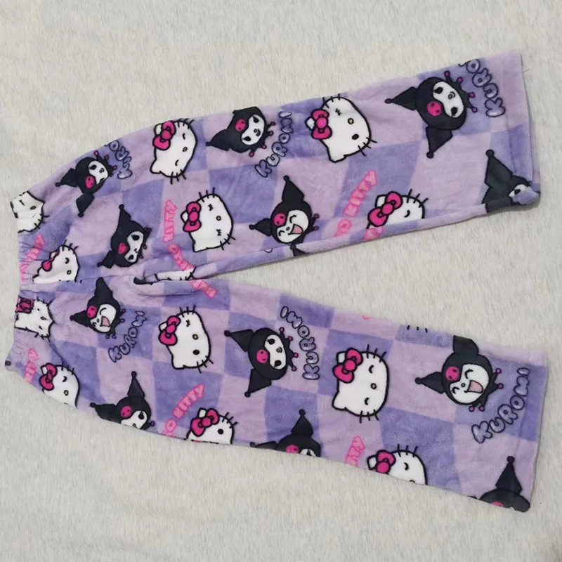 sanrio New Flannel Cartoon Kuromi Hellokitty Sleeping Pants For Women Autumn/Winter/Spring Home Casual Pants Purple