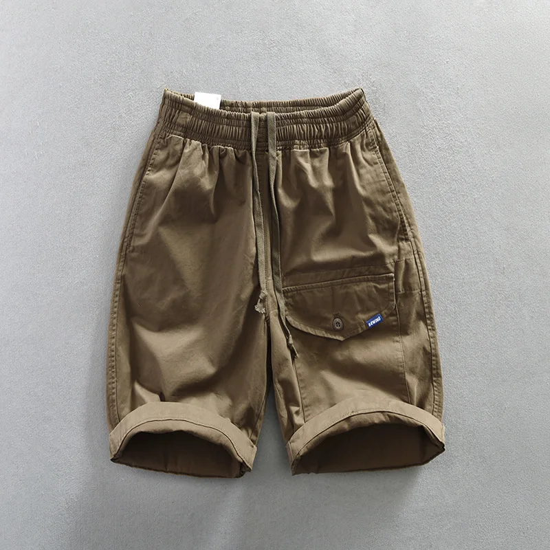 

T123 100% Cotton Summer Fashion Men's Elastic Waist Straight Cargo Shorts Military Outdoor Loose Casual Basics Half Length Pants