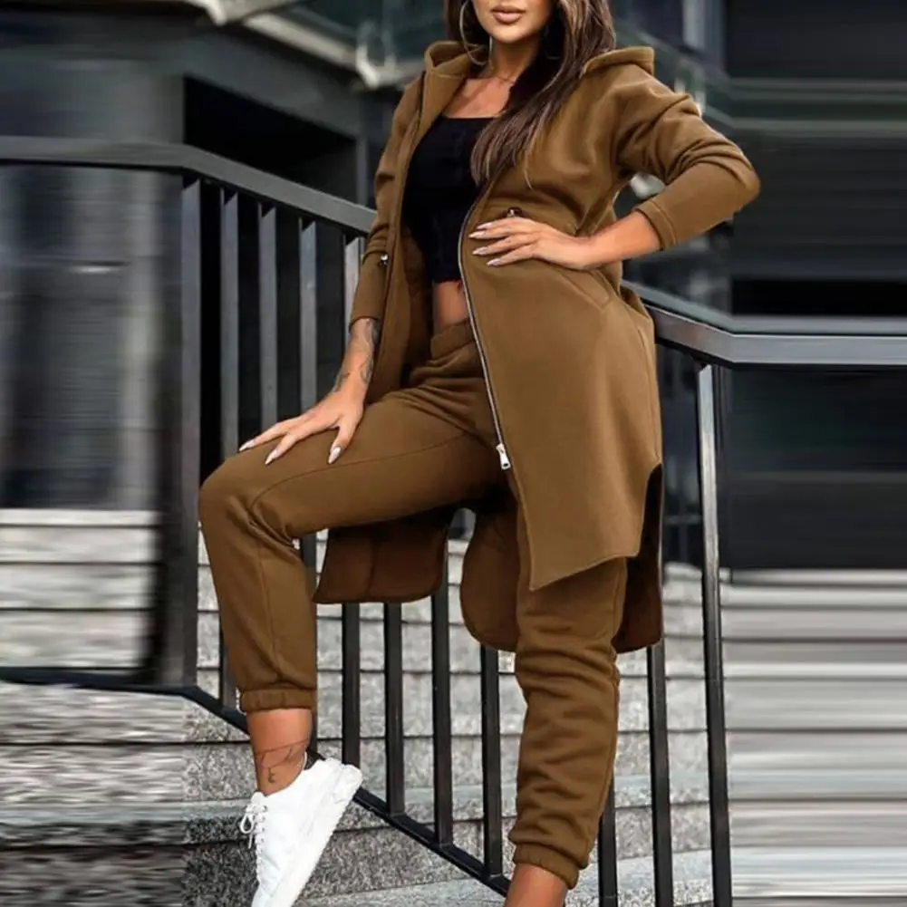 

Breathable Women Suit Women's Hooded Fleece Tracksuit Set with Irregular Hem Elastic Waist 2 Piece Co-ord Outfit for Casual Wear