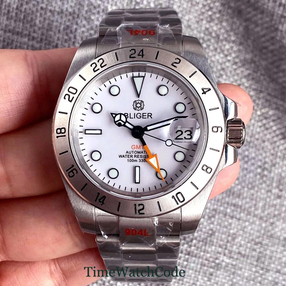

Мужские автоматические часы Bliger 39 мм NH34A GMT движение сапфировый Кристалл светящийся белый циферблат 316L сталь флуоресцентная Корона
