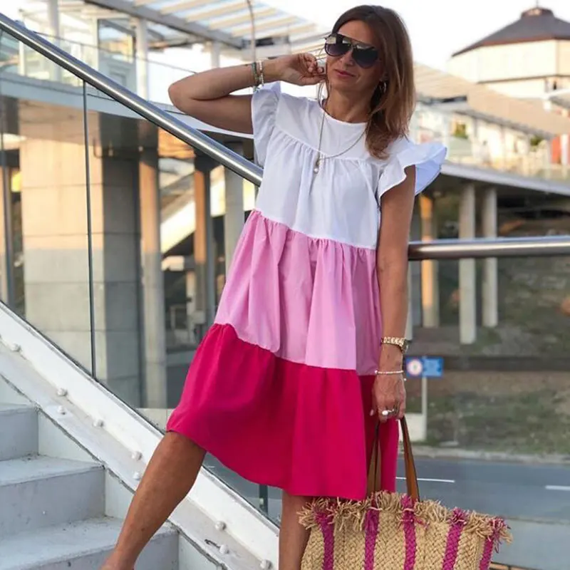 

OUSLEE Summer Women Dress Elegant Patchwork Hit Color O Neck Short Sleeve Oversized Casual Midi Dresses Female Sundress Clothes