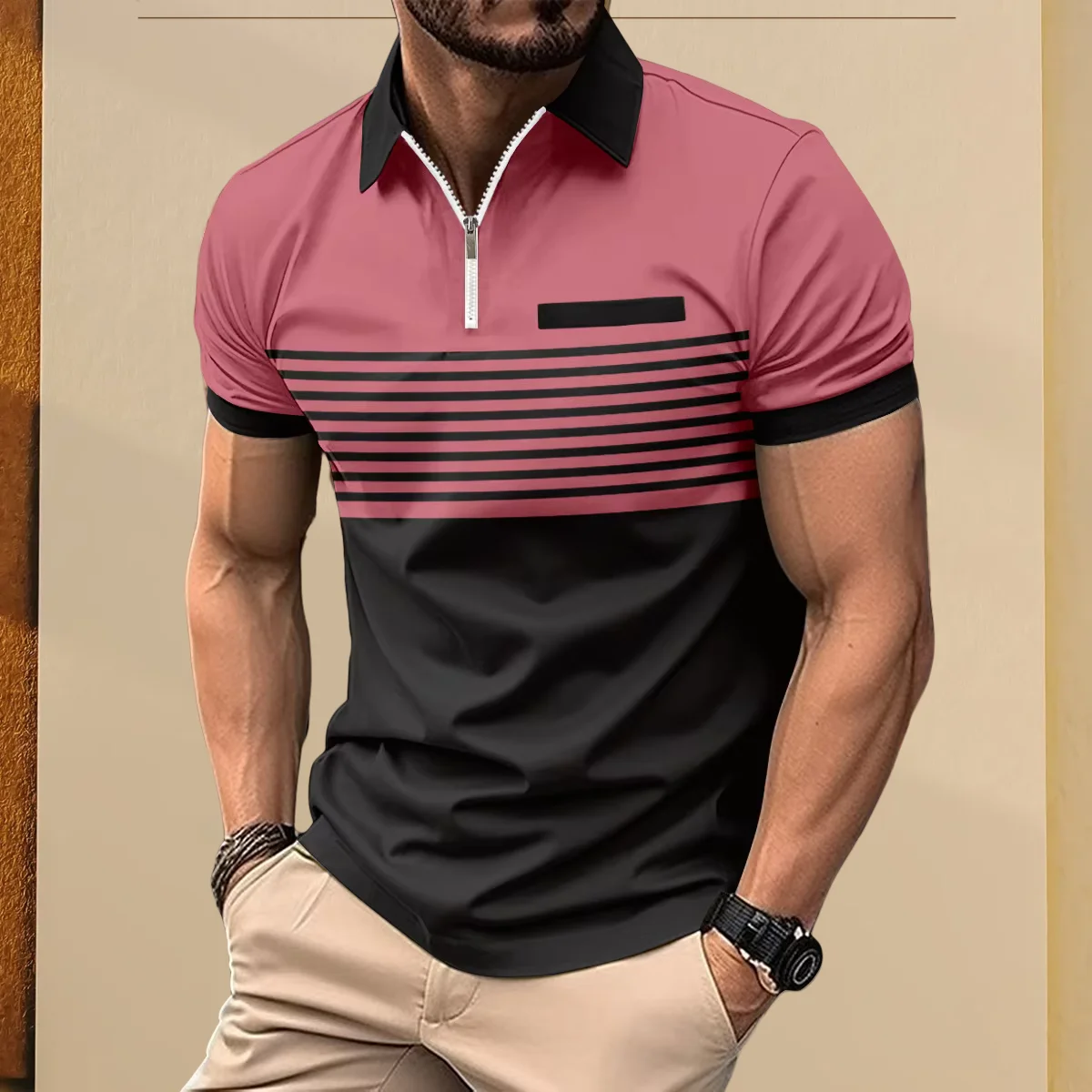 2025 Men's Summer short-sleeved POLO Shirt With Zipper Striped Print, False Pocket Decoration, Casual Business Lapel 12 S3b4f1f6033b04210b6695d676faad0f48