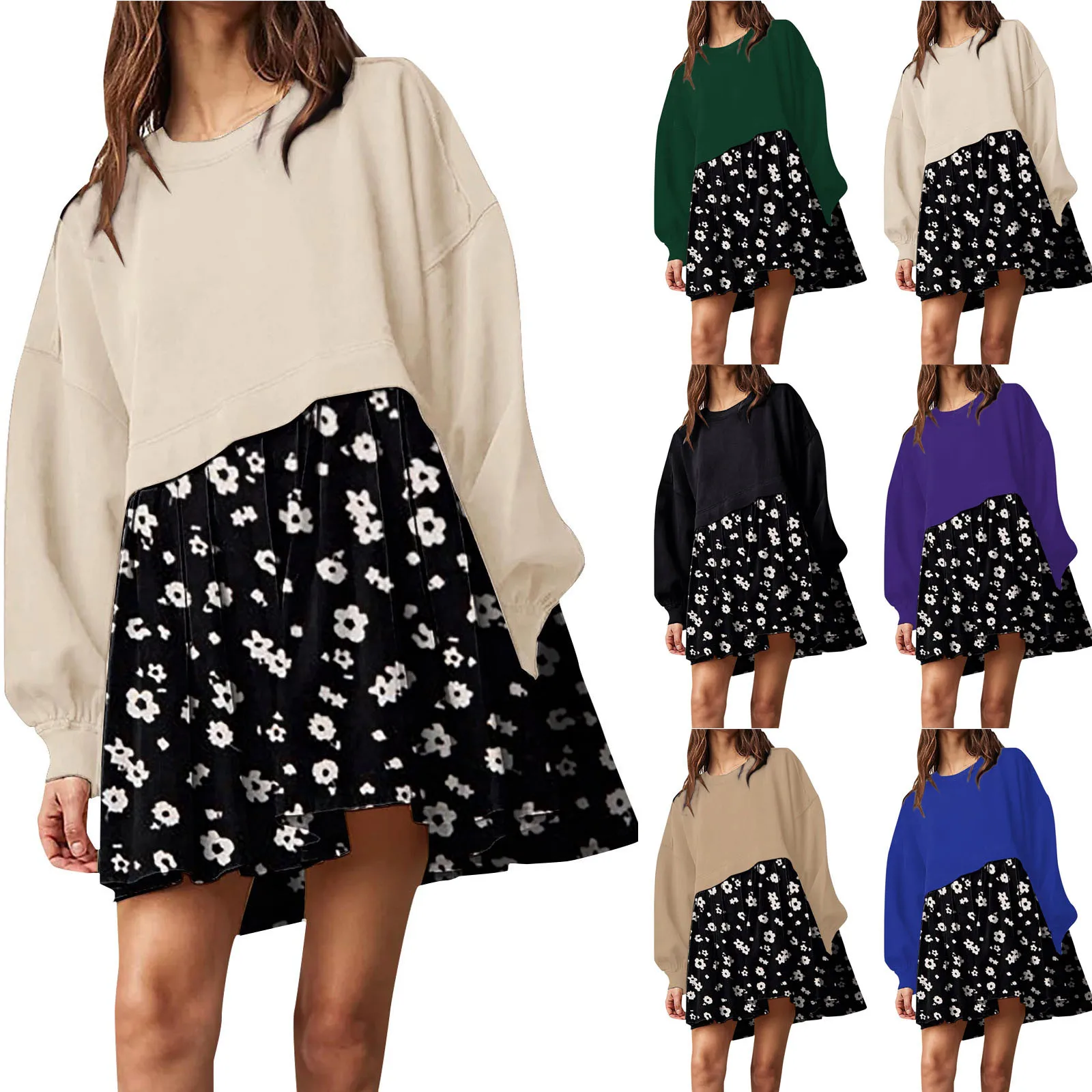 

Womens Dresses Print Above Knee Dresses For Woman 2023 Round Neck Long Sleeves Frocks Dising Girls Women Vestido Feminino